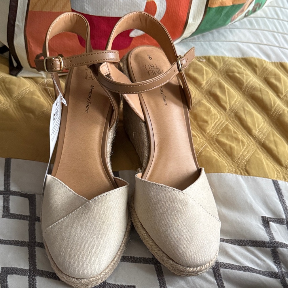 Time and Tru Beige and Tan Espadrille Ankle-Strap Wedges